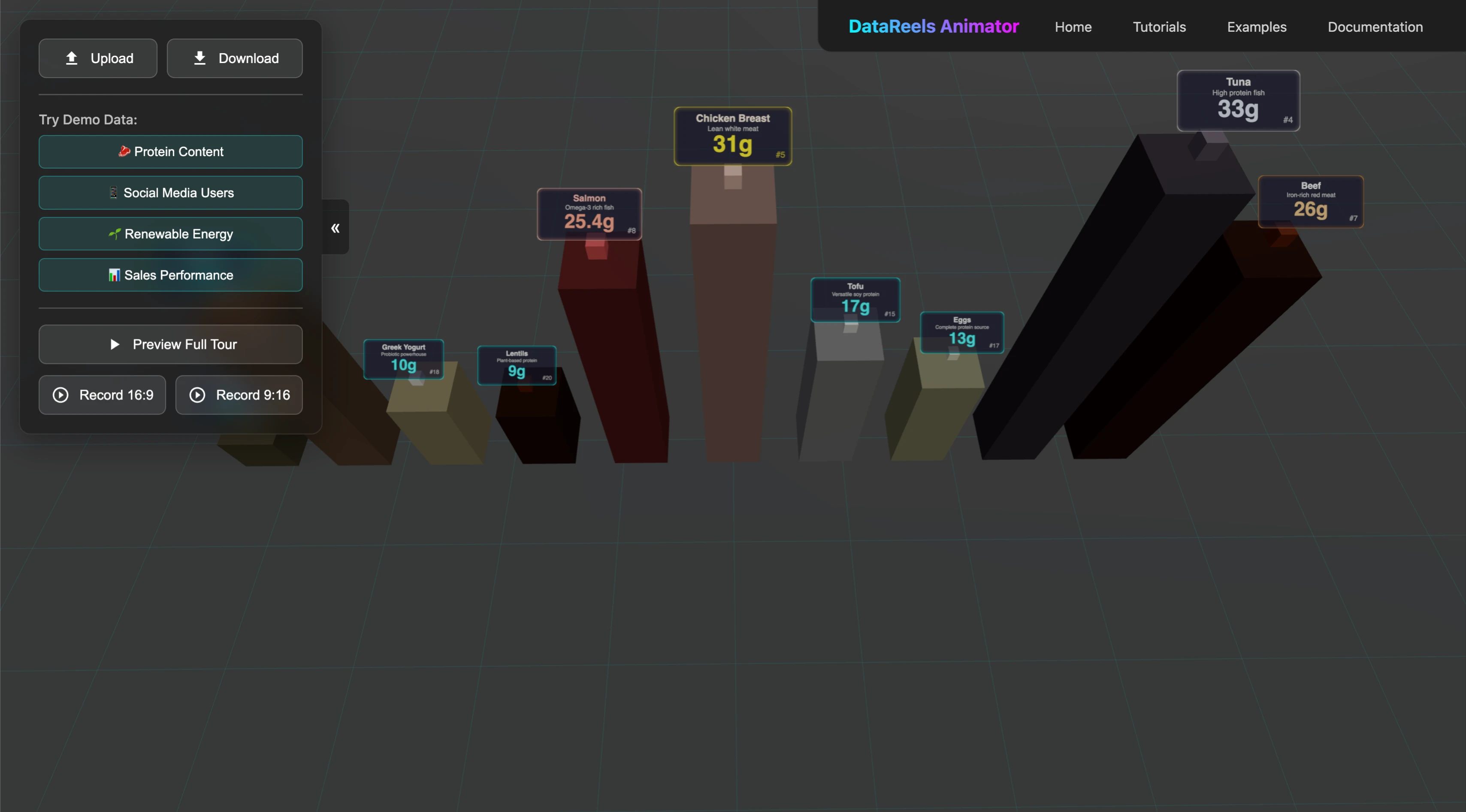 DataReels Animator 3D Data Visualization Interface